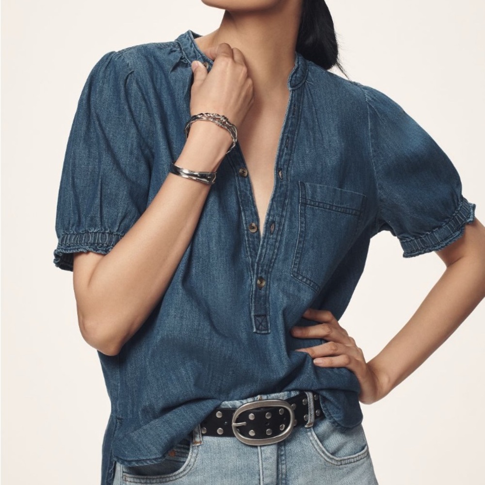 Pilcro Aly- Puff Sleeve Blouse Chambray Edition Denim Blue Women's Top Plus 3X